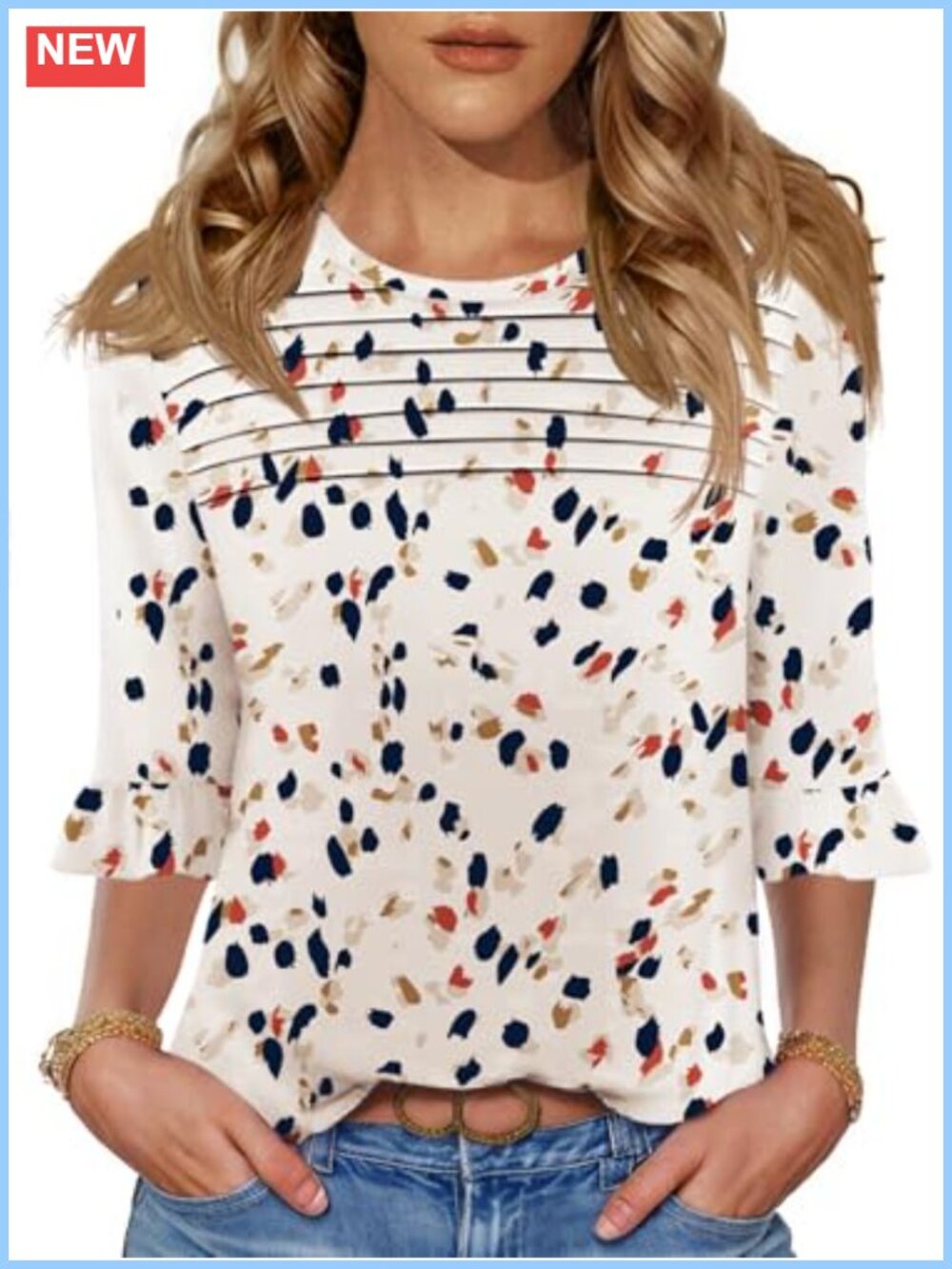 Womens Pleated Floral Blouse 3/4 Bell Sleeve Dressy Casual Top